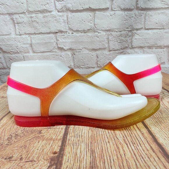 Jessica Simpson 6 Jelly Sandals Pink Yellow Ombre Glitter T-Strap Buckle Summer - Picture 5 of 14
